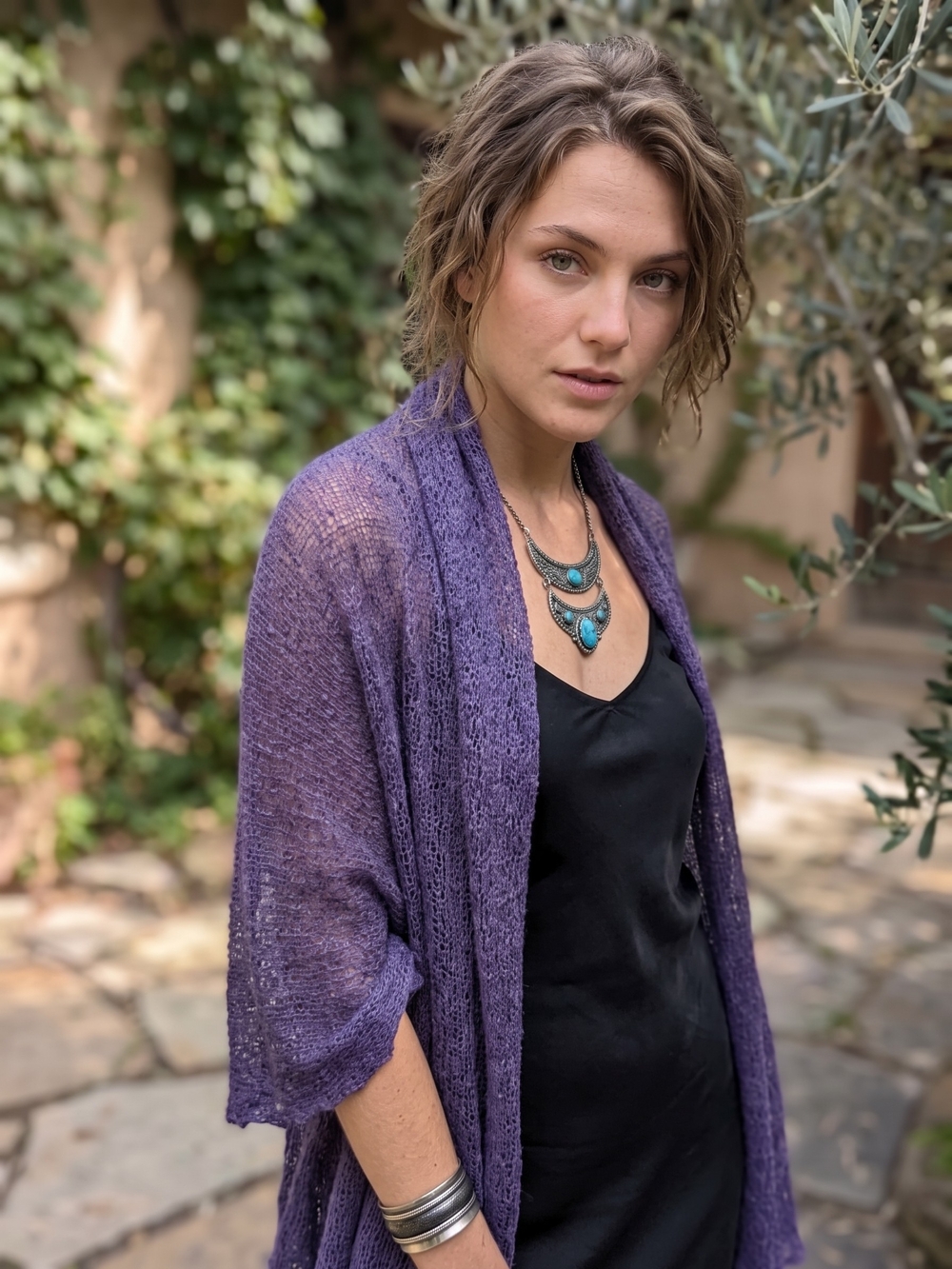 Whimsigoth Handmade Open Knit Draped Waterfall Cardigan purple Fairycore Boho
